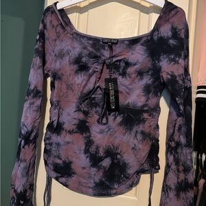 Dolls Kill Purple & Black Tie-Dye Drawstring Long Sleeve Top